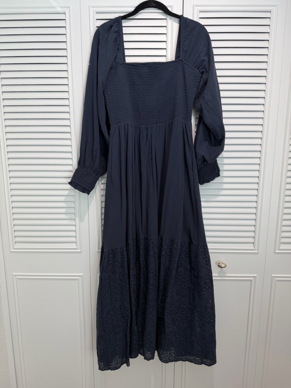 Navy Square-Neck Smocked Maxi Dress